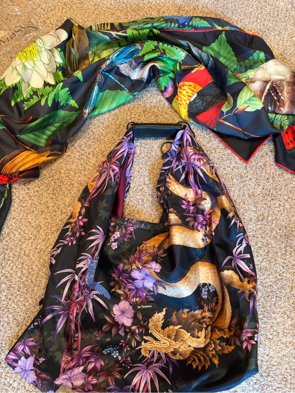 Shoulder Tote Bag in Black with Purple & Gold Floral Dragon Print with Scarf